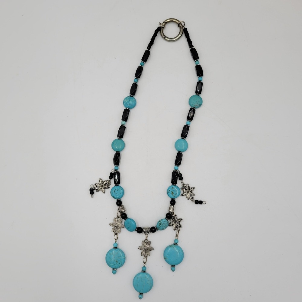 Womens Turquoise Necklace 18" Black Silver Beaded Collar Statement Jewlery